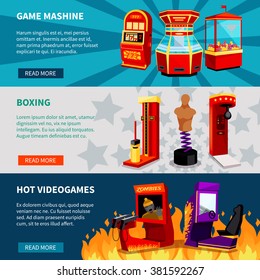 Game machine banners with hot video games boxing and slot machines flat vector illustration