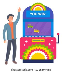 Game machine with cars competition vector, racing of transport driving in line. Man smiling of victory, winner of competitive race, box with bright panel