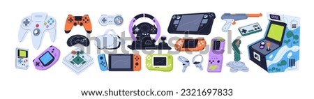Game machine, joystick, videogame console, playing controller, gamepad set. Gamers digital gadgets, joypads, toy gun in modern and retro styles. Flat vector illustrations isolated on white background.