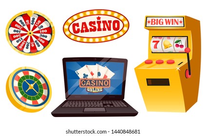 Game machine and laptop for playing online vector, laying bets in internet with computer. Roulette with dollars, wheel and pointer and segments set. Objects for gaming in casino