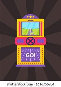 Game machine with rudder, race old video-game, screen of monitor with steering wheel. Colorful joystick on brown stripes, gambling equipment, play vector