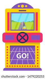 Game machine with screen vector, isolated arcade on monitor. Car racing on road, entertainment in free time, pastime and hobby. Playing racing competition. Win money in slot mashine. Flat cartoon