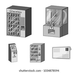 A game machine, a ticket sales terminal, an automaton for selling aqua and chocolate. Terminals set collection icons in monochrome style isometric vector symbol stock illustration web .
