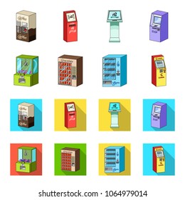A game machine, a ticket sales terminal, an automaton for selling aqua and chocolate. Terminals set collection icons in cartoon,flat style isometric vector symbol stock illustration web .