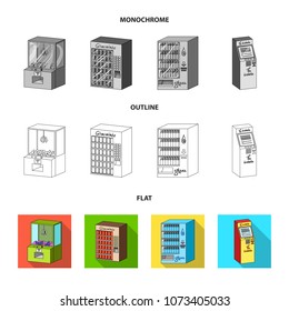 A game machine, a ticket sales terminal, an automaton for selling aqua and chocolate. Terminals set collection icons in flat,outline,monochrome style isometric vector symbol stock illustration web .