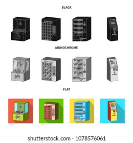 A game machine, a ticket sales terminal, an automaton for selling aqua and chocolate. Terminals set collection icons in black, flat, monochrome style isometric vector symbol stock illustration web .