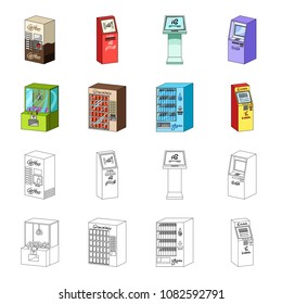 A game machine, a ticket sales terminal, an automaton for selling aqua and chocolate. Terminals set collection icons in cartoon,outline style isometric vector symbol stock illustration web .
