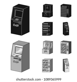 A game machine, a ticket sales terminal, an automaton for selling aqua and chocolate. Terminals set collection icons in black,monochrom style isometric vector symbol stock illustration web .