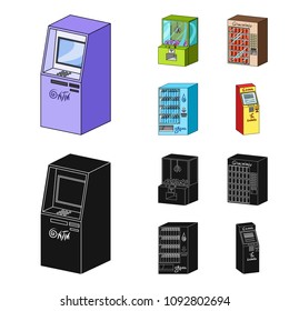 A game machine, a ticket sales terminal, an automaton for selling aqua and chocolate. Terminals set collection icons in cartoon,black style isometric vector symbol stock illustration web .