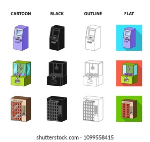 A game machine, a ticket sales terminal, an automaton for selling aqua and chocolate. Terminals set collection icons in cartoon,black,outline,flat style isometric vector symbol stock illustration web