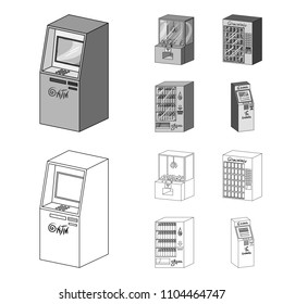 A game machine, a ticket sales terminal, an automaton for selling aqua and chocolate. Terminals set collection icons in outline,monochrome style isometric vector symbol stock illustration web .