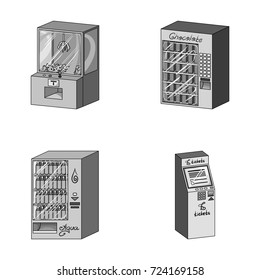 A game machine, a ticket sales terminal, an automaton for selling aqua and chocolate. Terminals set collection icons in monochrome style isometric vector symbol stock illustration web .