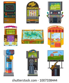 Game machine vector arcade gambling games hunting fishing boxing and dancing where gamesome gambler or gamer play in gaming computer machinery illustration isolated on white background