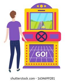 Game machine vector, car race isolated character playing. Start of racing bets and winning money. Lucky personage wearing casual shirt and trousers