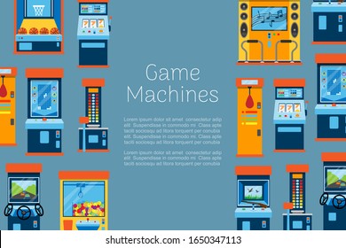 Game machine vector illustration. Arcade gambling games, hunting, fishing, boxing and dancing where gamesome gambler or gamer play in computer machinery. Retro poster.