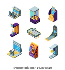 Game machines. Amusement park fun for kids arcade racing pinball drive game automat vector isometric. Recreation active pinball and boxing controller illustration