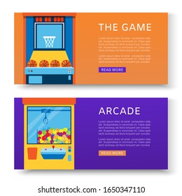 Game machines banners vector illustration. Arcade gambling games, hunting, fishingand baseball where gamesome gambler or gamer play in computer machinery. Retro banners set.