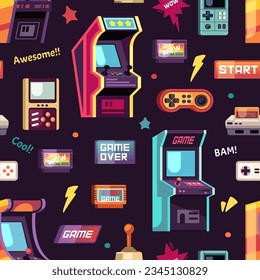 game machines pattern. 8 bit retro style game machines, cartoon vintage arcade game controllers, slot machines. vector cartoon seamless pattern.