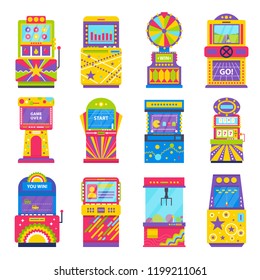 Game machines playing and gambling isolated icons set vector. Arcades and entertainment for people, screen with numbers and pictures, game over sign