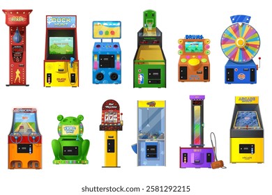 Game machines vector set of arcade video, casino slot, claw crane and wheel of fortune. Basketball, duck hunt, racer, strength tester coin operated machines with pixel screens, buttons and joysticks