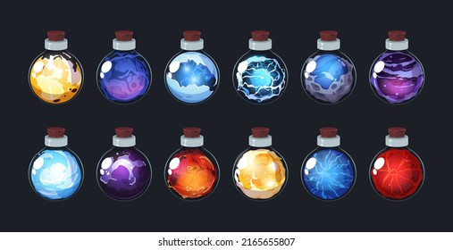 Poción mágica de juego. Botellas de misterio de brujería con elixir de alquimia, matraz de vidrio con veneno y productos químicos. activo de interfaz de juego vectorial, conjunto de icono de clipart de dibujos animados. Contenedores con sustancias tóxicas