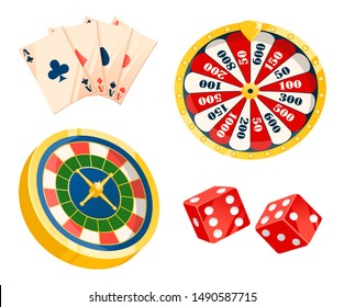 Game for making or losing money vector, isolated set of playing cards. Dice and roulette of different types. Betting and laying bets, fortune and risks
