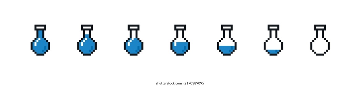 Escala de maná de juego. Conjunto de máscaras de píxeles o botellas con diferentes niveles de llenado. Contenedores con poción líquida o mágica para restaurar la salud en videojuegos. Colección vectorial plana de dibujos animados aislada en blanco