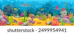 Game map, cartoon underwater landscape with sunken ship, sea animals, corals and seaweeds. Vector undersea world background with tropical ocean bottom, shipwreck, fishes, marine aquatic game scene