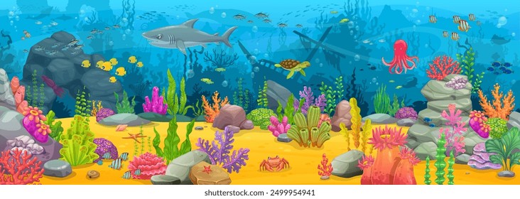 Game map, cartoon underwater landscape with sunken ship, sea animals, corals and seaweeds. Vector undersea world background with tropical ocean bottom, shipwreck, fishes, marine aquatic game scene