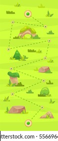 Game map Illustration and floral elements. Set cute trees rocks for mobile games and web design. Vector stock illustration