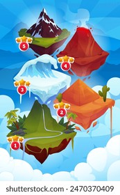 Game map island. Arcade interface. Gamers route. Mountain in sky cloud. Ice platform. Volcano fire. Desert dune. Jungle rock. Playing fantasy location. 3D cartoon GUI elements. Vector gaming UI ground