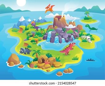 Game Map. jurassic period land garish for children. Dinosaur prehistoric island. Wild Natural. Uninhabited island. Vector background for game interface