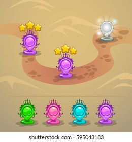 Game map with level rank indicators. Map pointers for GUI design. Vector illustration.