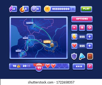 Game Map Of Levels. Fantasy Game UI Kit. Set Of Buttons And Icons. Vector Illustration.