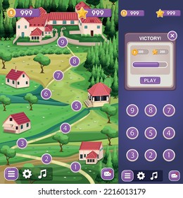 Game map with many levels, landscape, user interface ui - ux