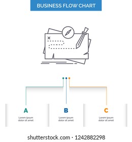 Game, map, mission, quest, role Business Flow Chart Design with 3 Steps. Line Icon For Presentation Background Template Place for text