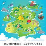 Game Map. Pirate Treasure Maps for children. island. Vector background for game interface. Uninhabited island