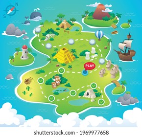 Game Map. Pirate Treasure Maps for children. island. Vector background for game interface. Uninhabited island - Shutterstock ID 1969977658