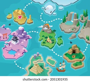 Game Map. Pirate Treasure Maps for children. island. Vector background for game interface - Shutterstock ID 2051301935