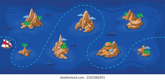 Mapa de juegos. Vistas al mar desde arriba. Deshabitado 
isla. Océano, palmeras, tesoros, torres, buey, montaña
Fondo vectorial para la interfaz de juego en colores brillantes. Patrón transparente