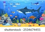 Game map underwater landscape with cartoon sea animals like a shark, fish shoals and turtle, tuna and jellyfish swimming between seaweeds. Vector wallpaper or background, game seafloor location level