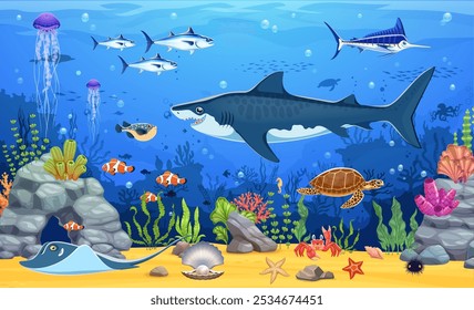 Game map underwater landscape with cartoon sea animals like a shark, fish shoals and turtle, tuna and jellyfish swimming between seaweeds. Vector wallpaper or background, game seafloor location level