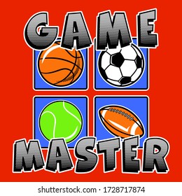 GAME MASTE HALFTONE TEXT, SPORT BALL ILLUSTRATION, SLOGAN PRINT VECTOR