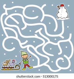 game, maze, boy and pet find way to snowman