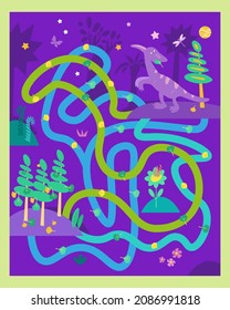 Game maze for children. Count and play. Help dinosaur find forest. Follow path where he eat 10 ginkgo leaves. Full color hand drawing vector illustration.