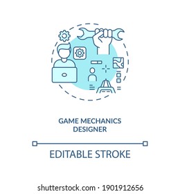 Icono de concepto de diseñador de mecánicos de juegos. Tipos de diseñadores de juegos. Responsable de la experiencia de los usuarios. Ilustración de línea delgada de idea de empleado. Dibujo de color RGB con contorno aislado del vector. Trazo editable
