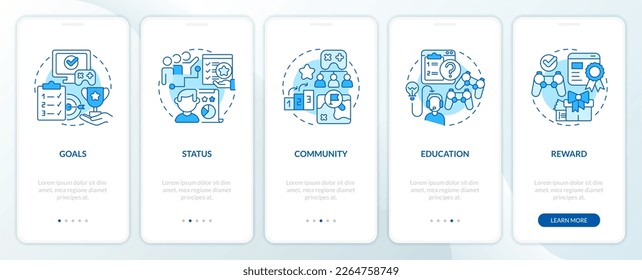 Game mechanics in gamification blue onboarding mobile app screen. Walkthrough 5 steps editable graphic instructions with linear concepts. UI, UX, GUI template. Myriad Pro-Bold, Regular fonts used