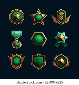 Game Medal and Award Set with Green Gemstone. Vector