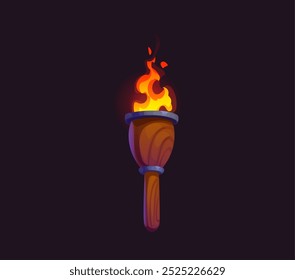 Juego antorcha de fuego medieval con una llama de fuego brillante. La antorcha de Vector de dibujos animados con mango de madera evoca sensaciones de aventura, misterio, antigüedad e historia para la fantasía y el juego histórico