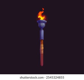 Game medieval fire torch with a bright flaming fire illuminating the night darkness. Isolated cartoon vector fantasy game asset. Old weathered torchlight, emphasizing the warm glow and vibrant fire